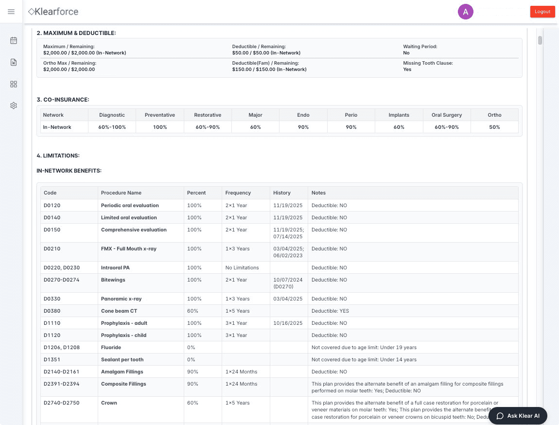Klearforce Application Interface - AI-powered dental insurance verification dashboard