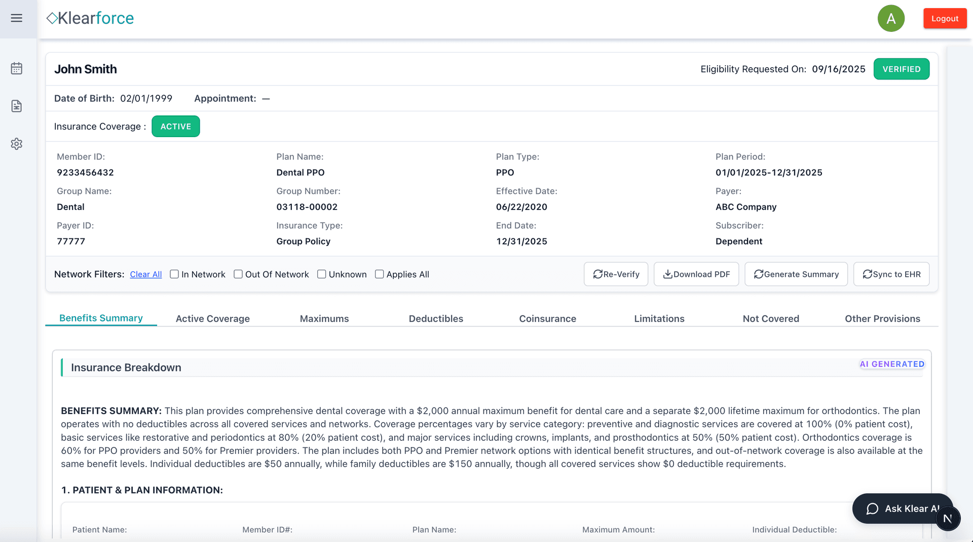 Klearforce Application Interface - AI-powered dental insurance verification dashboard